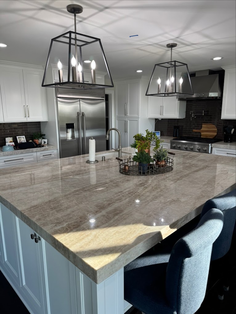 Kitchen remodel with marble island countertop - kitchen contractor Inland Empire
