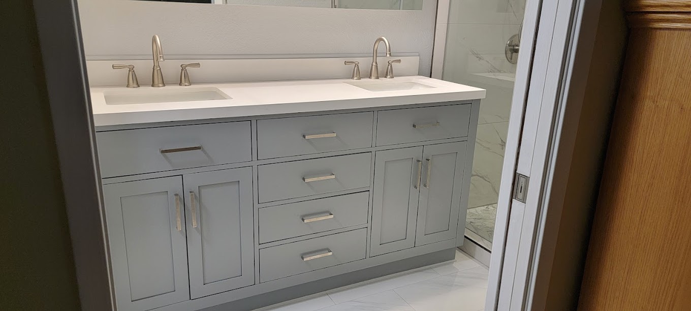 Double vanity with quartz countertop closeup - bathroom contractor Riverside CA